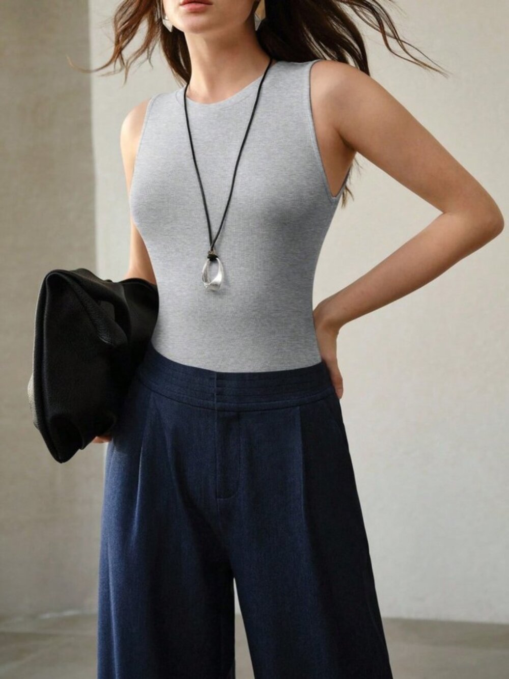 Heather Gray Ribbed Knit Round Neck Slim Fit Tank Top